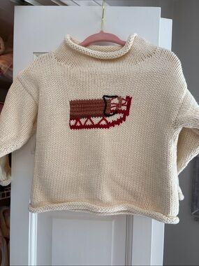Cream Knit Baby Sweater with Red and Brown Sled Intarsia - 18m